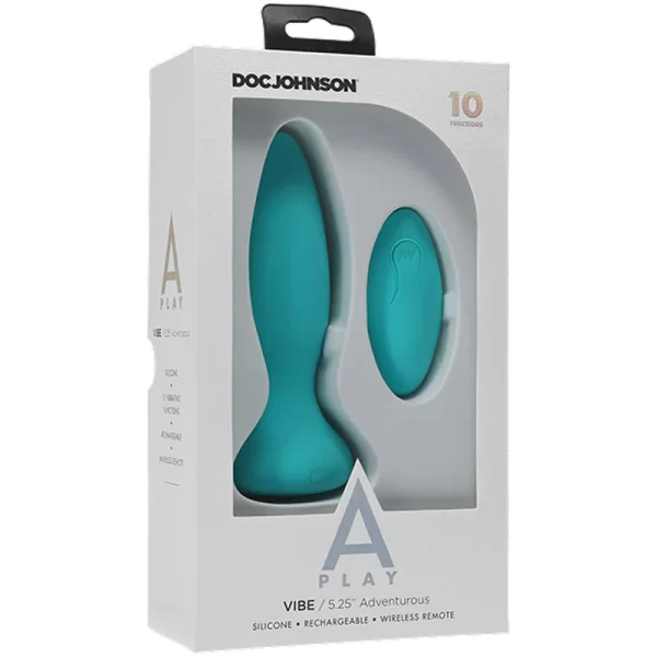 Doc Johnson A Play Adventurous VIBE – Silicone Vibrating Butt Plug with Remote – Teal - Image 4